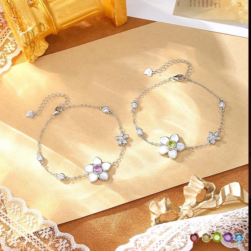 White Fritillary flower s925 sterling silver bracelet women's light luxury natural crystal stone niche jewelry adjustable jewelry gift