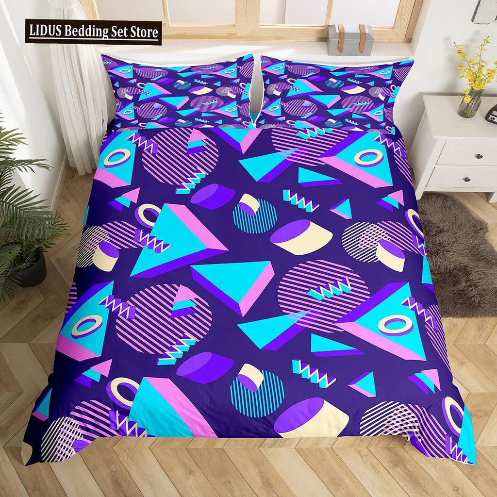 Retro Memphis Style Duvet Cover Set Galaxy Fashion Style Geometric Shapes Bedding Set Full,Hipster Old Fashioned Comforter Cover