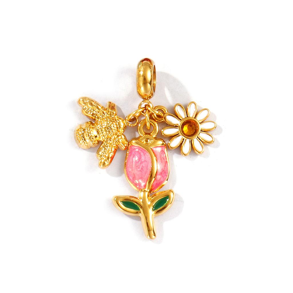 Doreen Box 18k Gold Plated Enamel Animal Plant Charms 304 Stainless Steel European Style Swing Bead Necklce Pendant