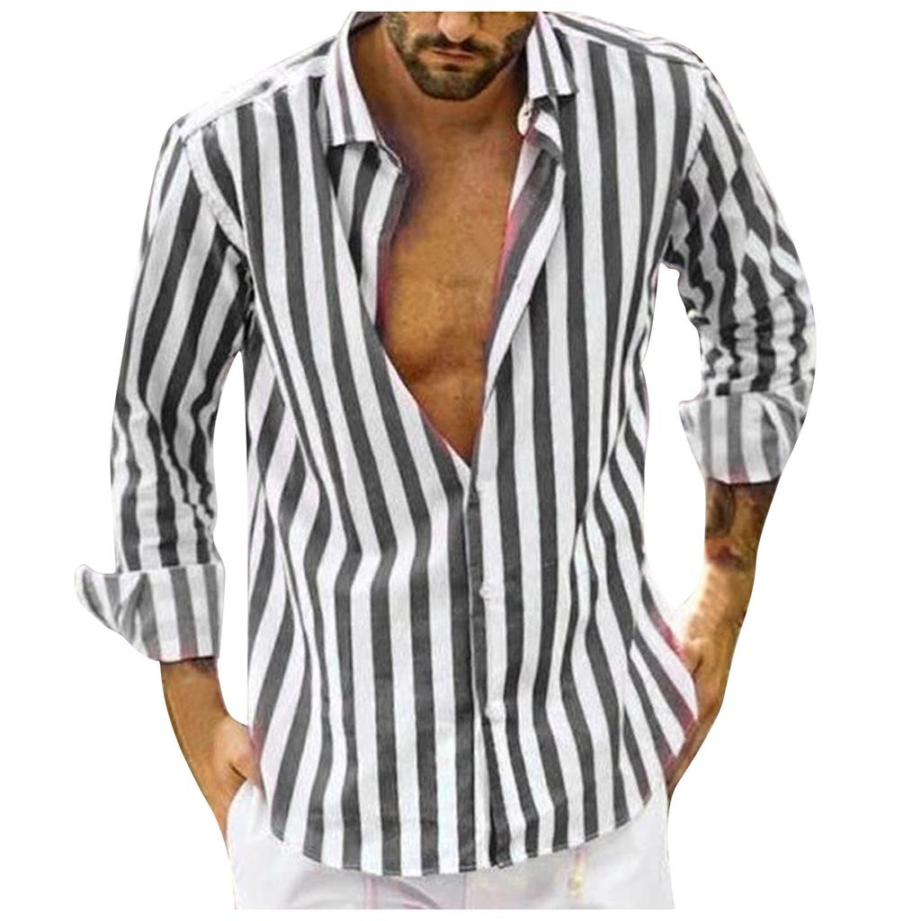 Мужская мода в вертикальную полоску Slim Fit с длинным рукавом Повседневная рубашка на пуговицах