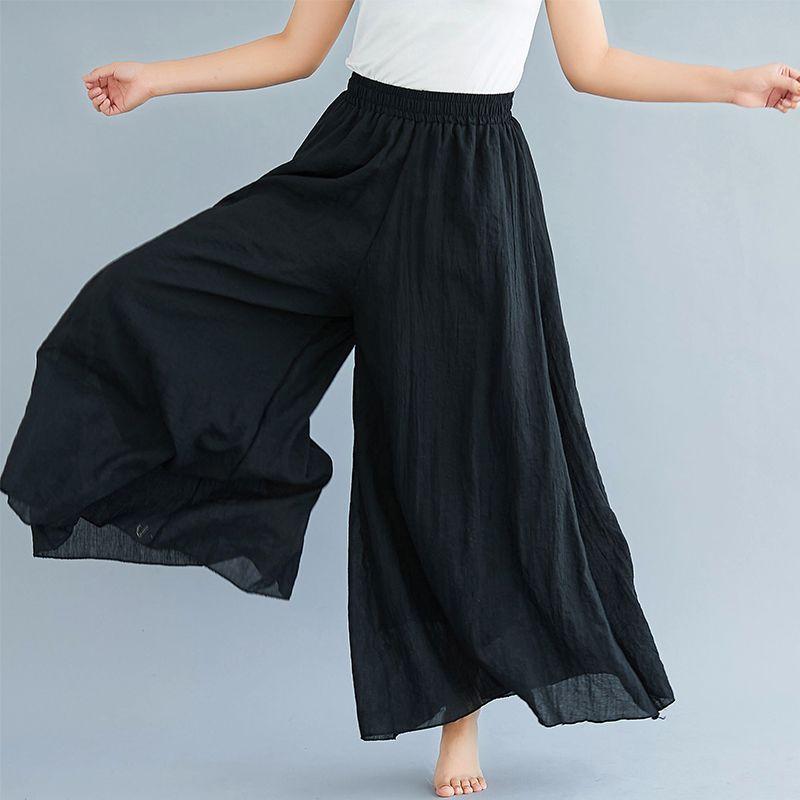 Artistic Cotton Wide Leg Pants for Women's Summer Loose and Casual Solid Color Big Swing High Waist Retro Yoga Pants Skirt