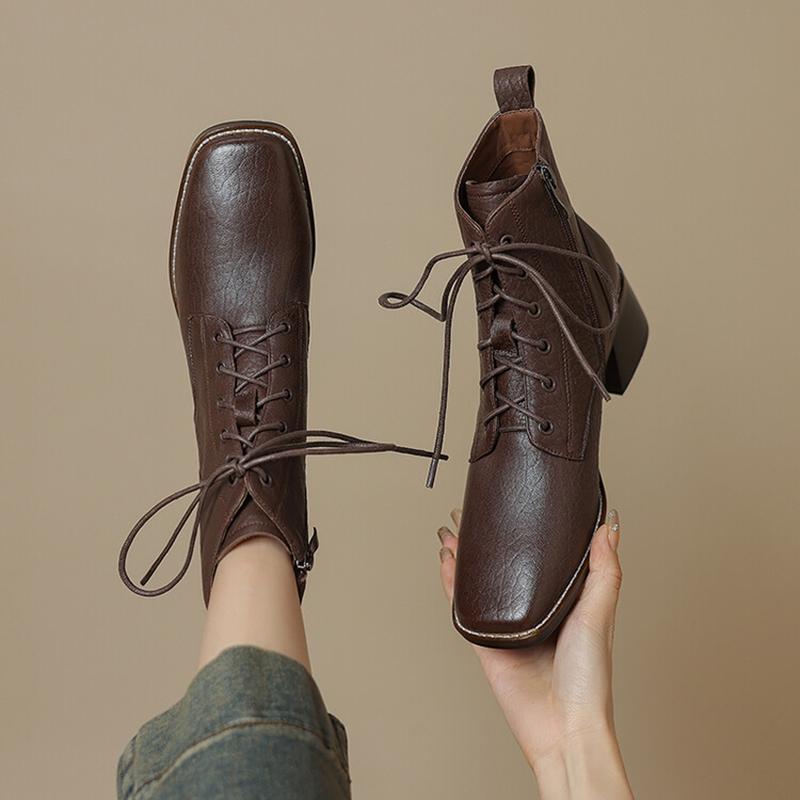 Модные НОВЫЕ Осенне-зимние женские ботинки Обувь из натуральной кожи для женщин Квадратный носок Массивный каблук Обувь на шнуровке Современные ботинки Обувь больших размеров