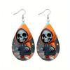 Hooded Themed Halloween Jacket Skull Pattern Droplet Shaped Earrings Acrylic