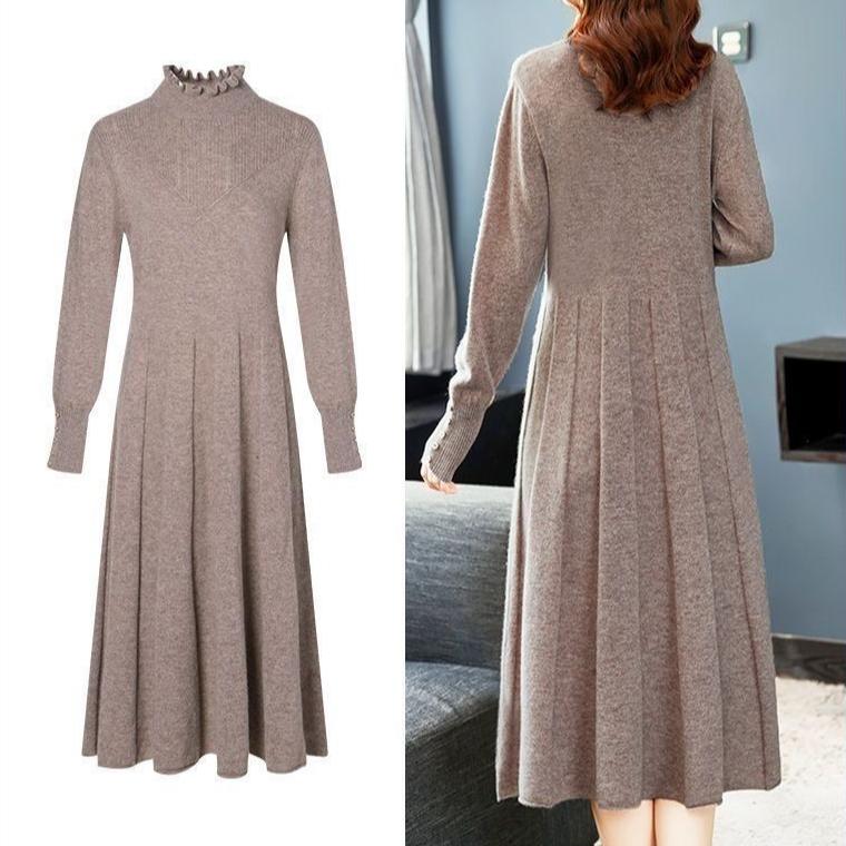 Вязаное платье средней длины Женское однотонное платье-свитер Женское осенне-зимнее платье-пуловер длиной до колена Пуловер