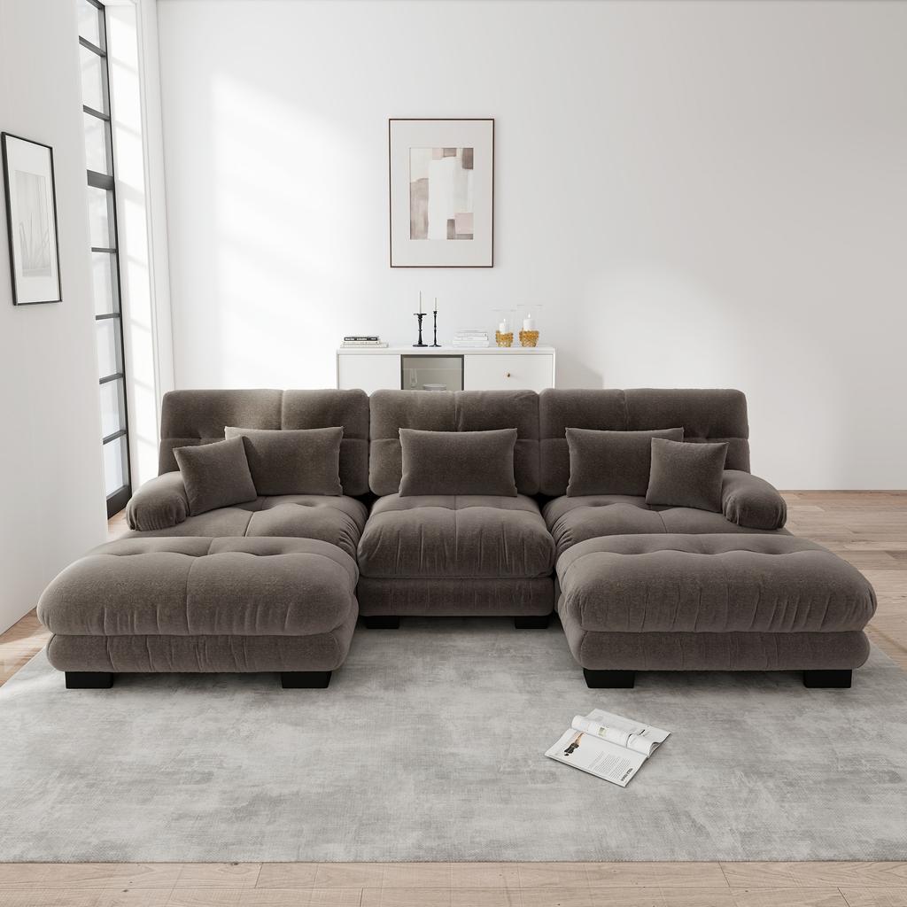 Luxurious Modular Corner Sofa - Oversized U-Shaped Cloud Couch for Living Room, Deep Seat Convertible Sofa Bed with Ottoman, Chenille Brown