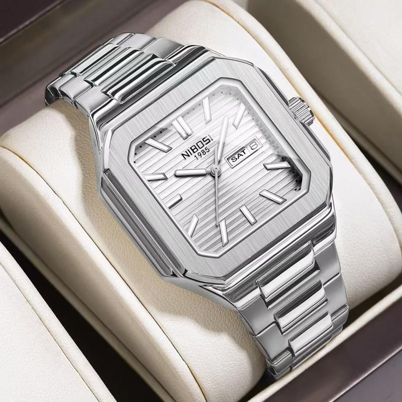 Светящиеся квадратные мужские часы Водонепроницаемые деловые мужские часы Нержавеющая сталь Кварцевые Роскошные мужские часы