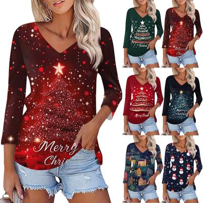 Рубашка для женщин, модная, повседневная, с V-образным вырезом, рукавом 3/4, свободная, с рождественским принтом, женская футболка, топ
