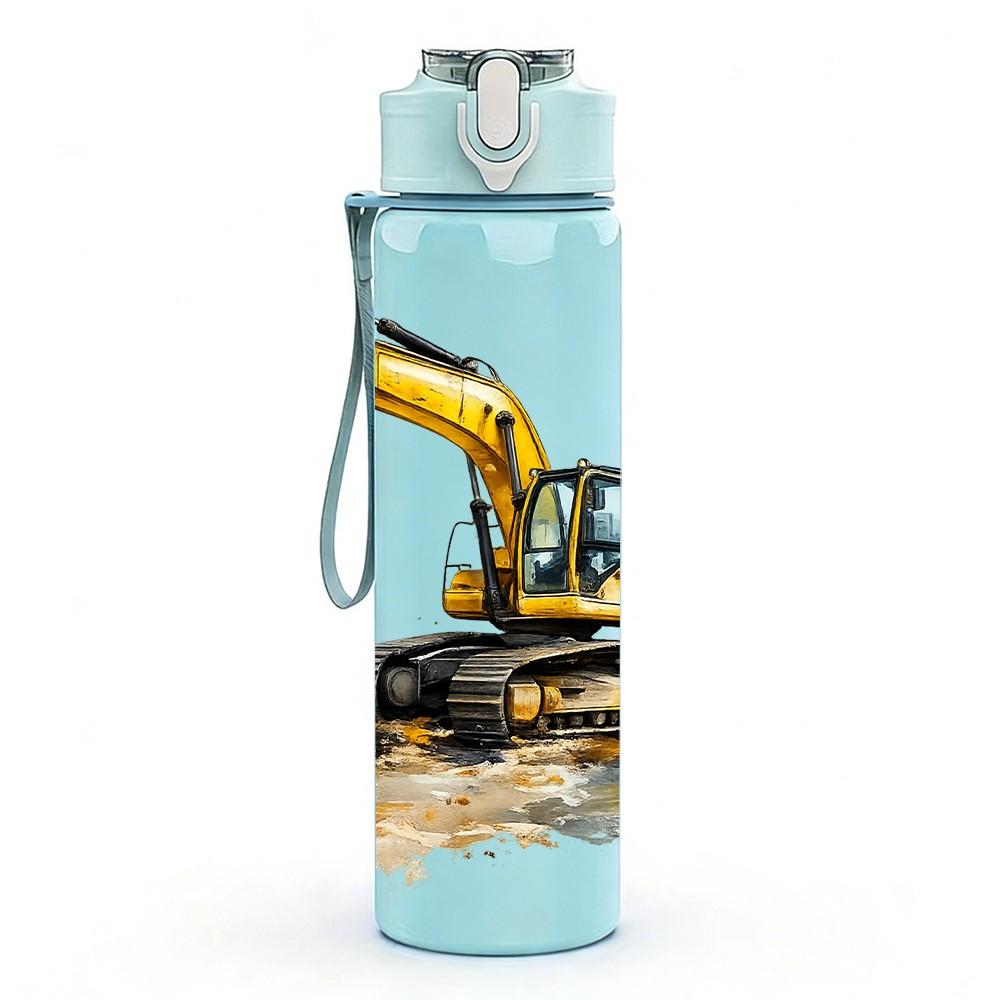 1PC Yellow Excavator Construction Vehicle Print 750ml Color Plastic Sports Water Bottle Leakproof Flip Straw Lid Suitable for Sports Office Home Use