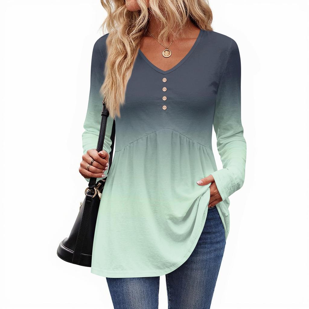 Women's Casual Fashion V-Neck Button Gradient Long Sleeve Top