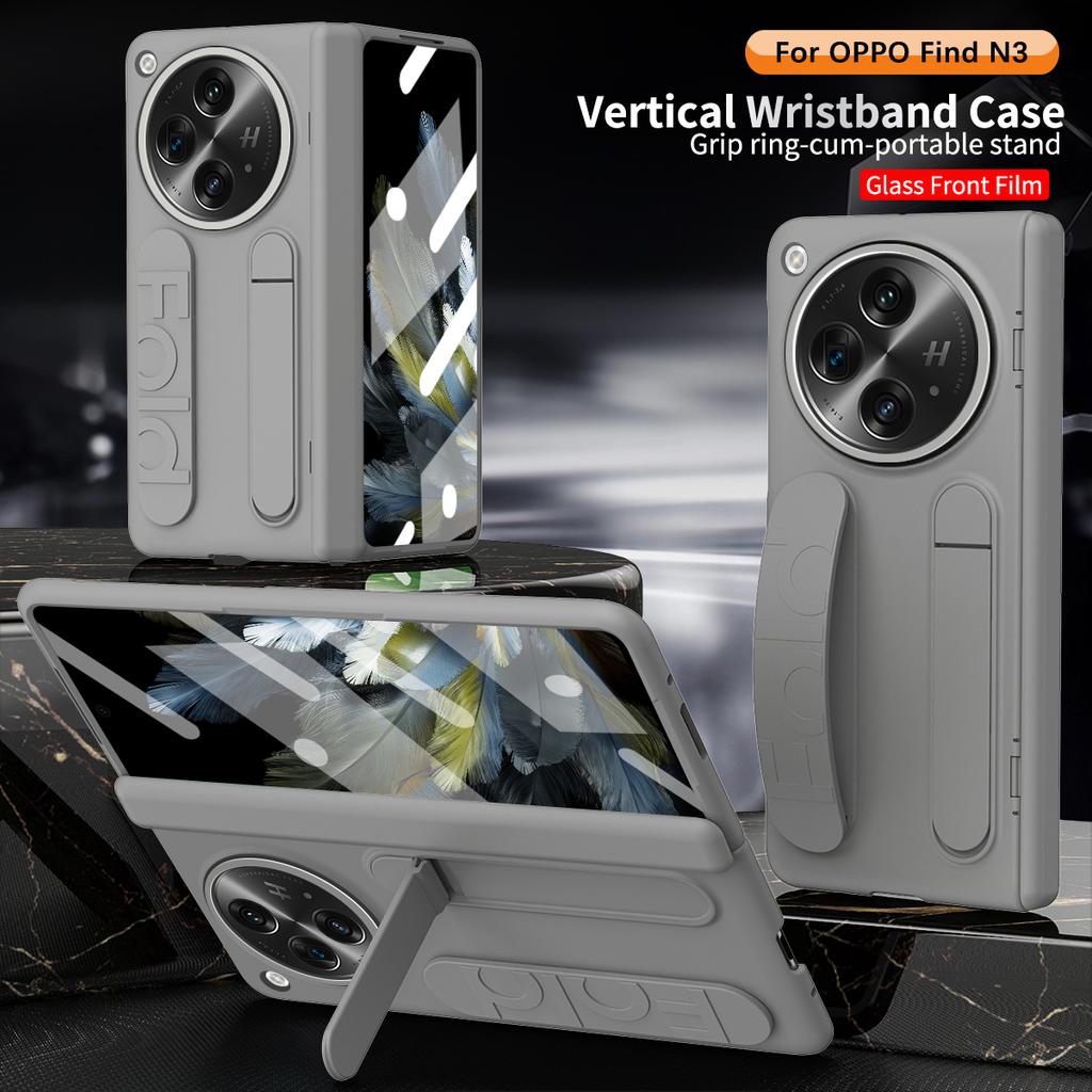 Luxury Business Fold Silicone Case for OPPO Find N3 Skin Feel with Wrist Strap and Stand and Glass Front Film Anti Drop Shockproof Protect Cover