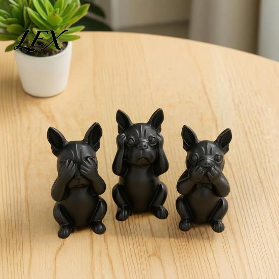 Frosted Surface Dog Sculpture 3D Printed French Bulldog Statues Set of 3, Matte Black Sculpture, Minimalist Bull Unique Gift Idea Figurines