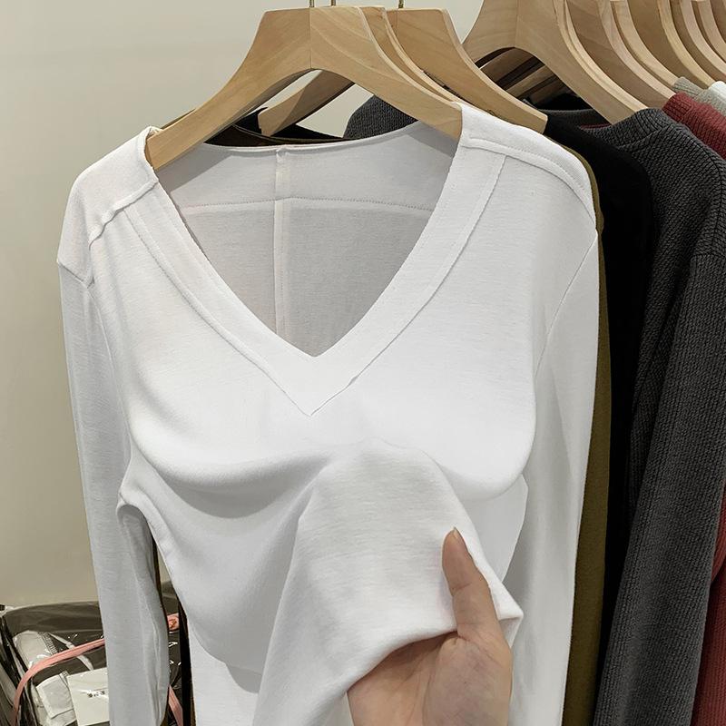 Футболка с V-образным вырезом и длинными рукавами для женщин на весну и осень, новый дизайн, сдержанная рубашка с низом, свободный и универсальный топ на раннюю весну