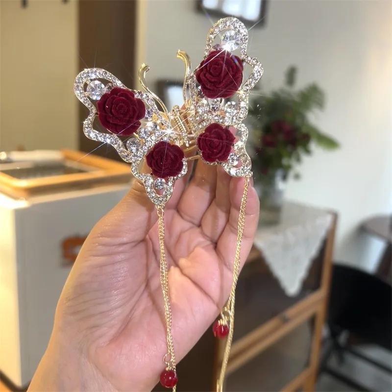 Изысканная заколка для волос с бахромой из страз в виде бабочки, корейская новинка, заколка для волос с жемчугом для плетения хвостика, краб для волос, металлический головной убор, подарок