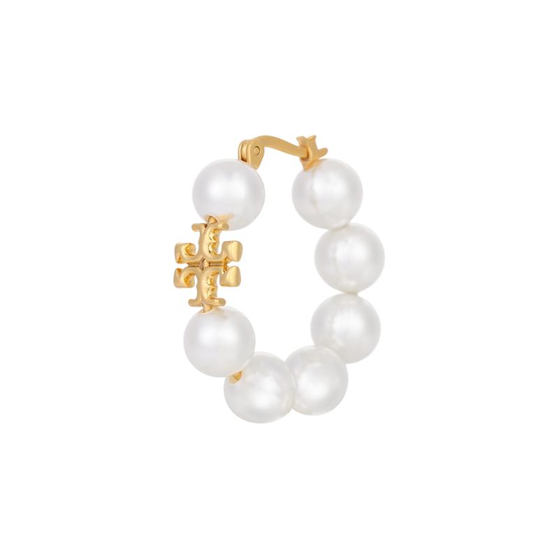 Tory Burch Простые и стильные латунные серьги-кольца с двойным логотипом T для женщин 140674-960-White F