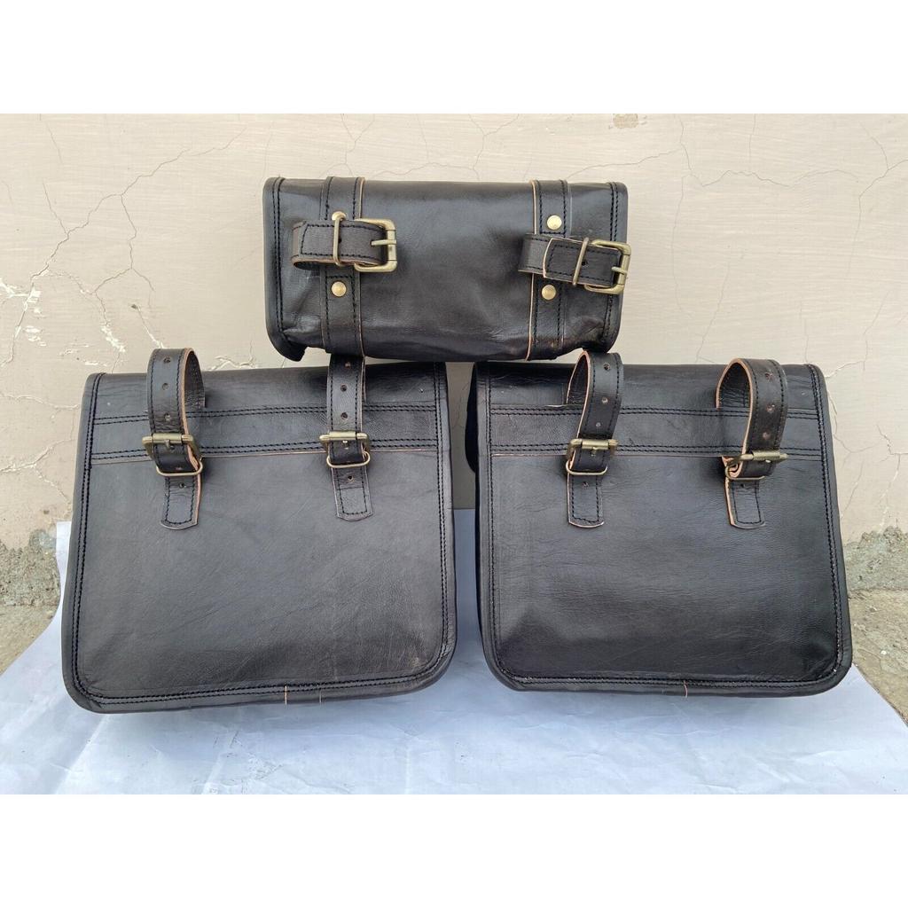 Combo 3 Saddle Bag Vintage Leather Motorcycle Panniers 1 Tool Pouch 2 Side Bag