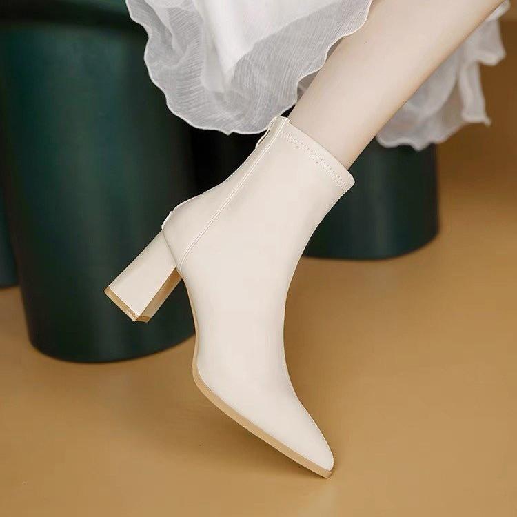 French high-heeled short boots women's 2024 spring and autumn new thick-heeled Martin boots small pointed white elastic thin boots
