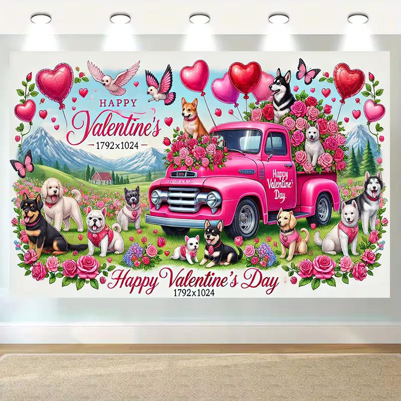 2D Pink Truck Rose Puppy Backdrop Valentine Shoot Banner