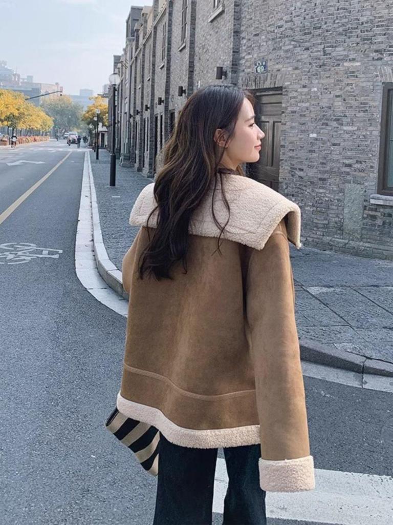 2024 Women's Korean Style Cold-Proof Fur-Integrated Motorcycle Jacket, Petite Fit, Plus Velvet