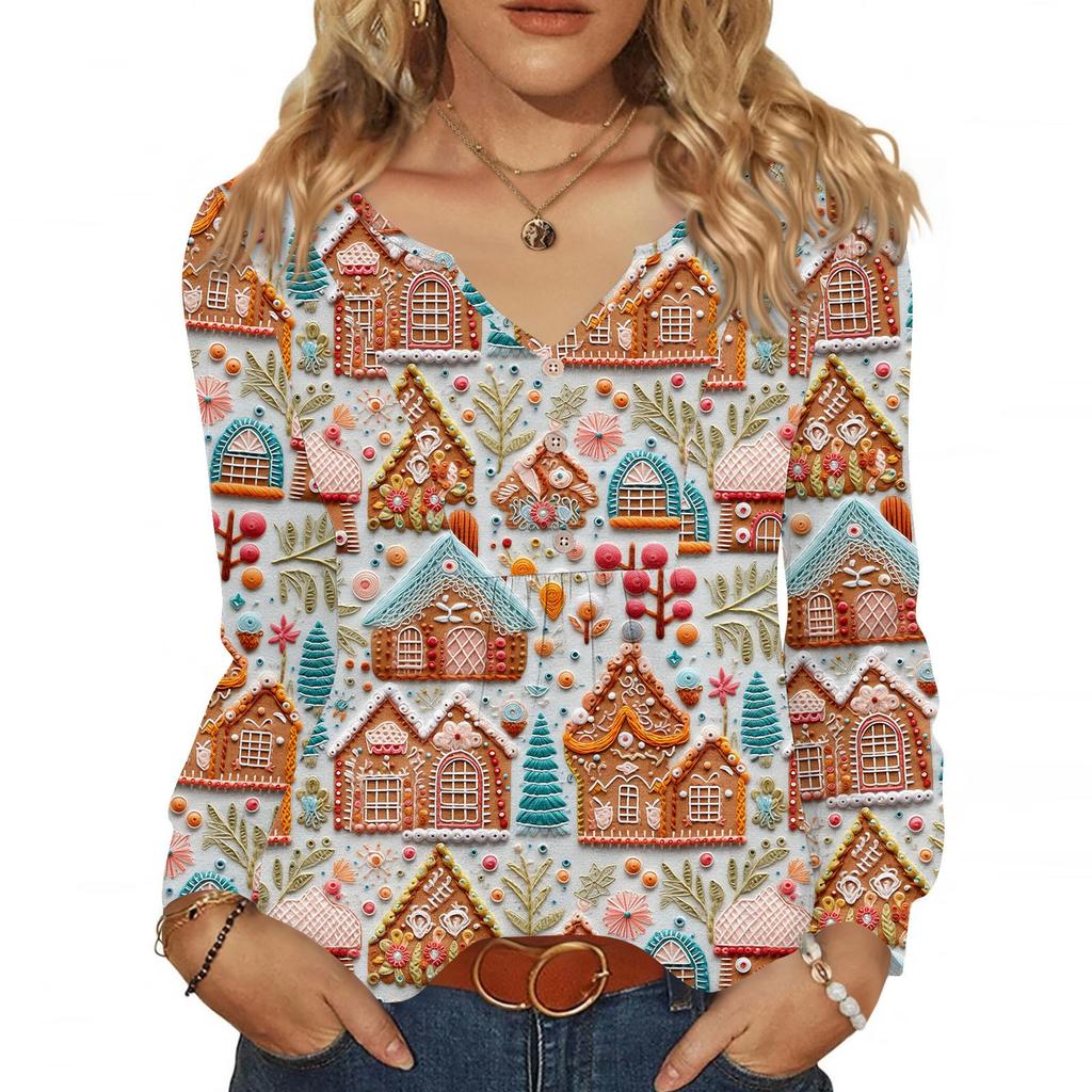 Женская модная повседневная блузка с V-образным вырезом на пуговицах с рождественским принтом, пуловер с длинными рукавами, футболка, топ