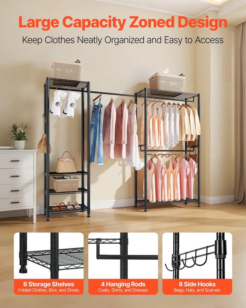 Clothing Garment Rack, Heavy Duty Clothes Rack, Freestanding Clothes Racks with Steel Frame, 363 kg Load Capacity Closet Wardrobe with Storage Shelves