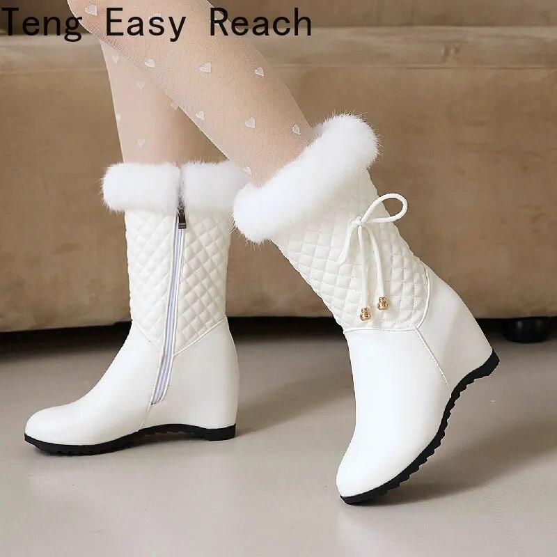 Winter White Real Hair Women'S Snow Boots Fashion Warm Plush Boots Ladies Round Toe Zip Slope Heel Snow Boots Size 33-43