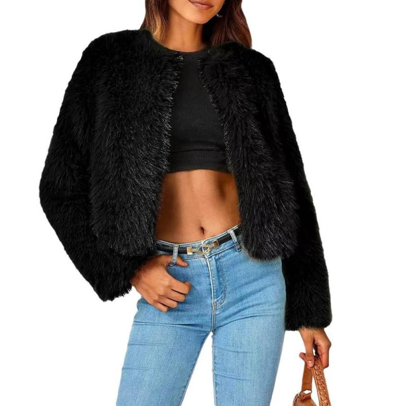 Womens Short Faux Fur Coat Long Hair Synthetic Jacket Street Style Round Neck Sleeve Winter Outerwear