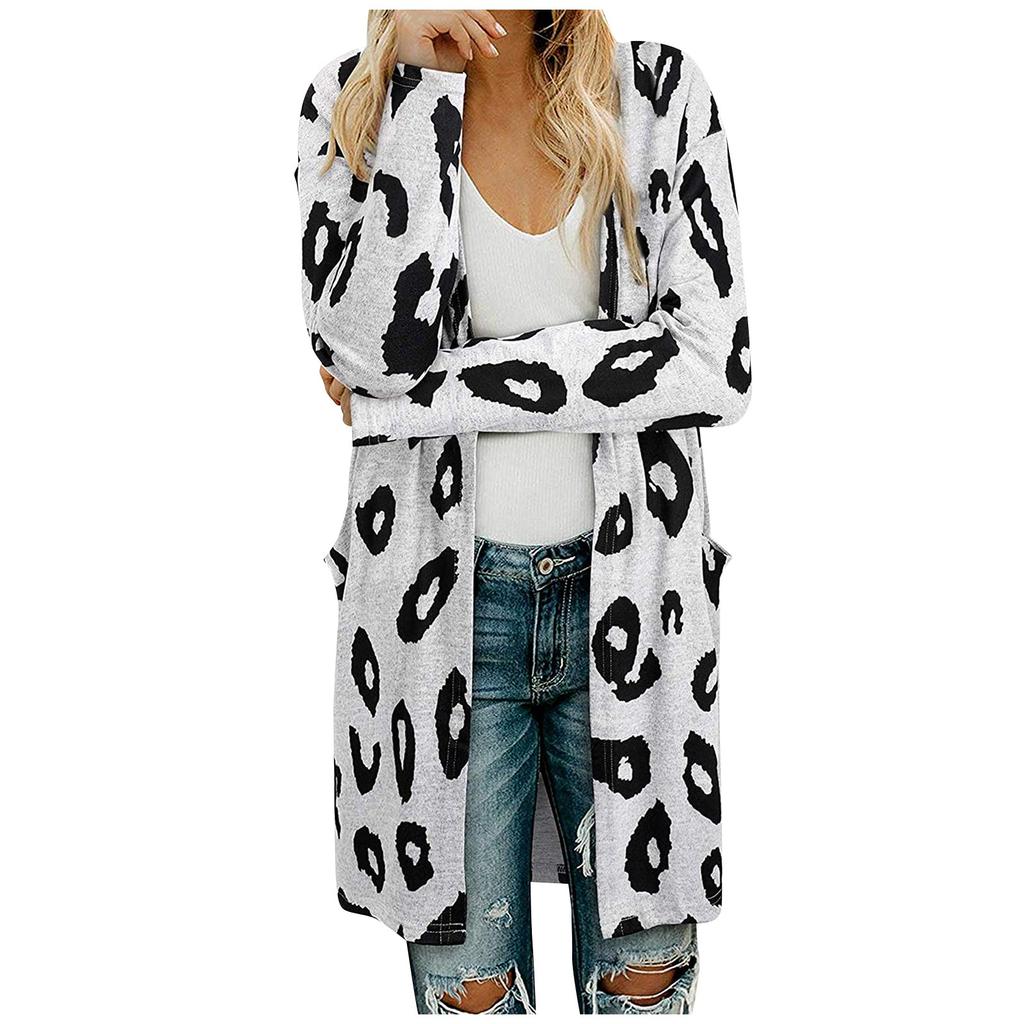 Women's Fashion Casual Printed Pocket Cardigan Medium And Long Coat