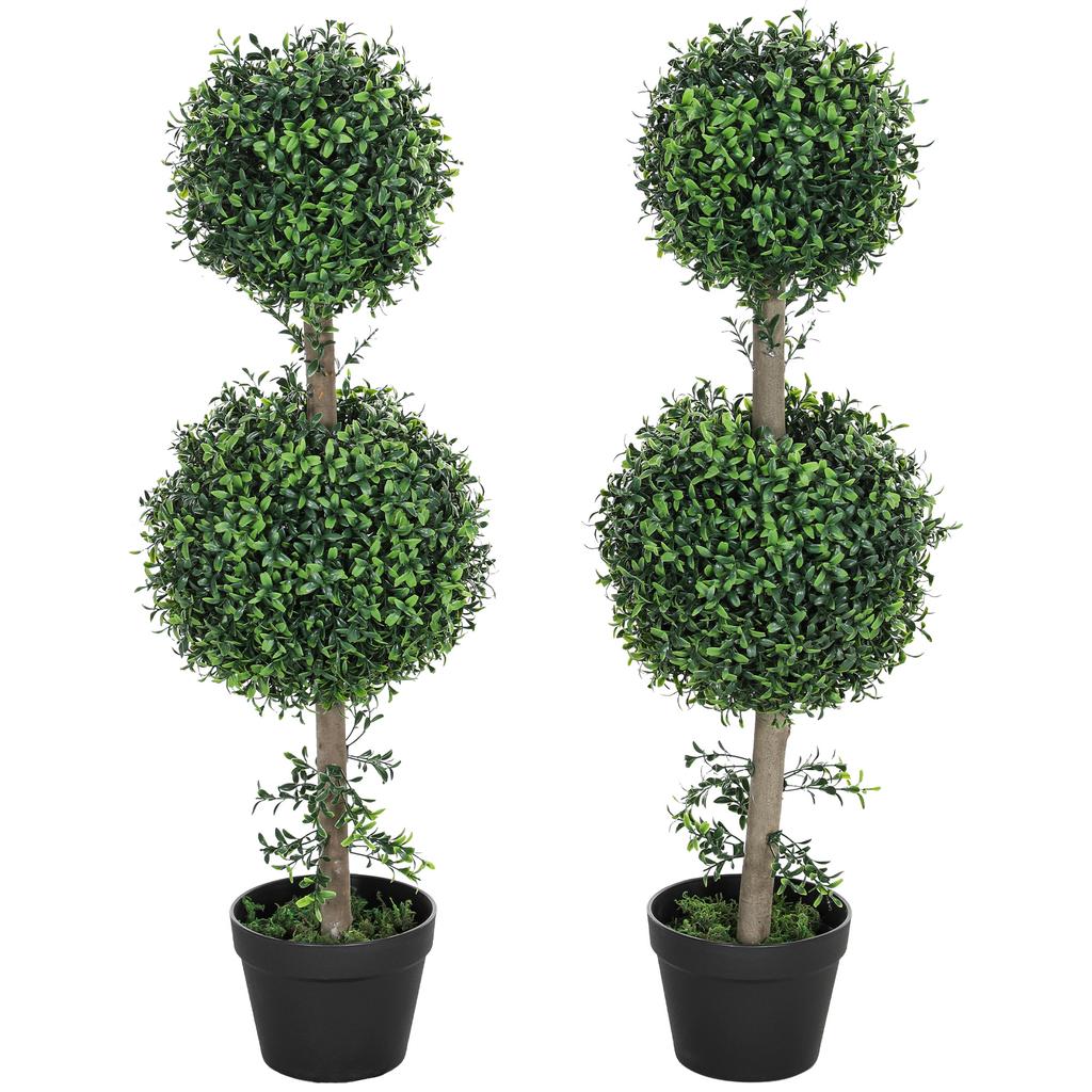 Artificial Boxwood Plants, Set of 2, UV-protected, with Pot, Green