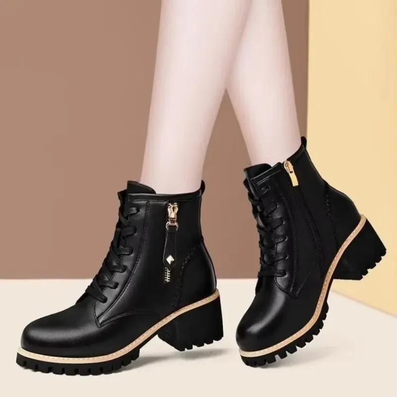 Women Shoes Boots Ankle New Autumn British Wind PU Leather Thick With Fur Ladies Short Boots Motorcycle Heels Boots