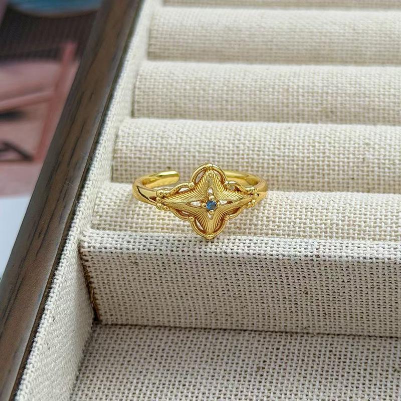 Medieval Full Diamond Retro Exquisite Four-Leaf Clover Zircon Flash Diamond Ring Women'S Light Luxury Personality Stacking Index Finger Ring