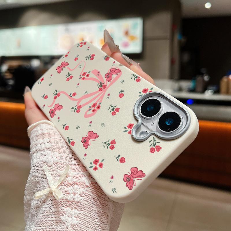 For iPhone 16 15 Pro Max 14 Pro 13 12 11 Case Bowknot Floral Print Slim TPU Leather Texture Soft Matte Shockproof Phone Cover