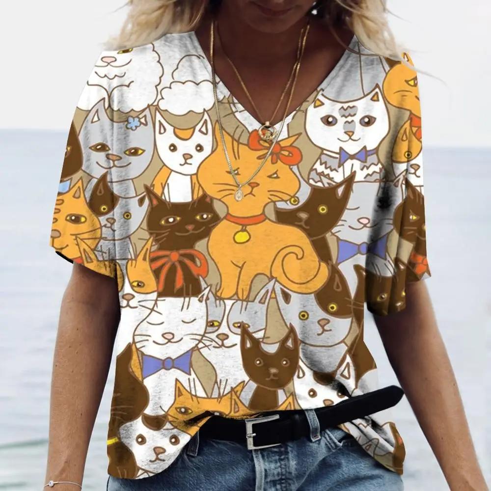 Женская футболка с рисунком котенка, одежда в стиле Харадзюку, летний пуловер с v-образным вырезом для девочек, хлопковые футболки с короткими рукавами, женская повседневная уличная одежда