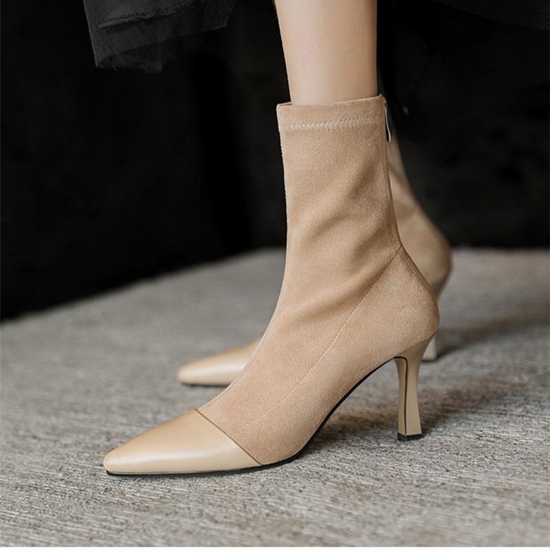 Женские эластичные сапоги-носки на тонком каблуке, модные, элегантные, с острым носком, короткие, осенние, женские, вечерние, стриптизершные туфли