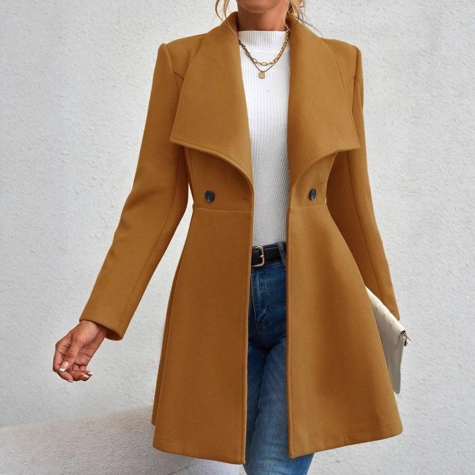 Women's Mid-Length Wool Blend Coat, Autumn Winter Wide Lapel Double Button Outerwear, Slim Fit Elegant Ladies Chic Notched Collar Overcoat