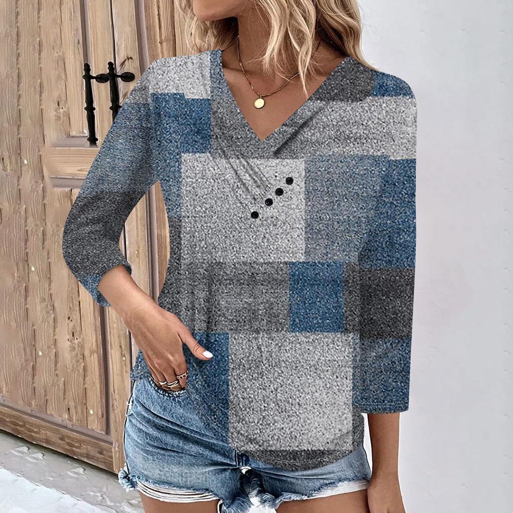 Женские повседневные футболки с рукавом 3/4 для выходных с V-образным вырезом и принтом, свободные плиссированные футболки, женская блузка