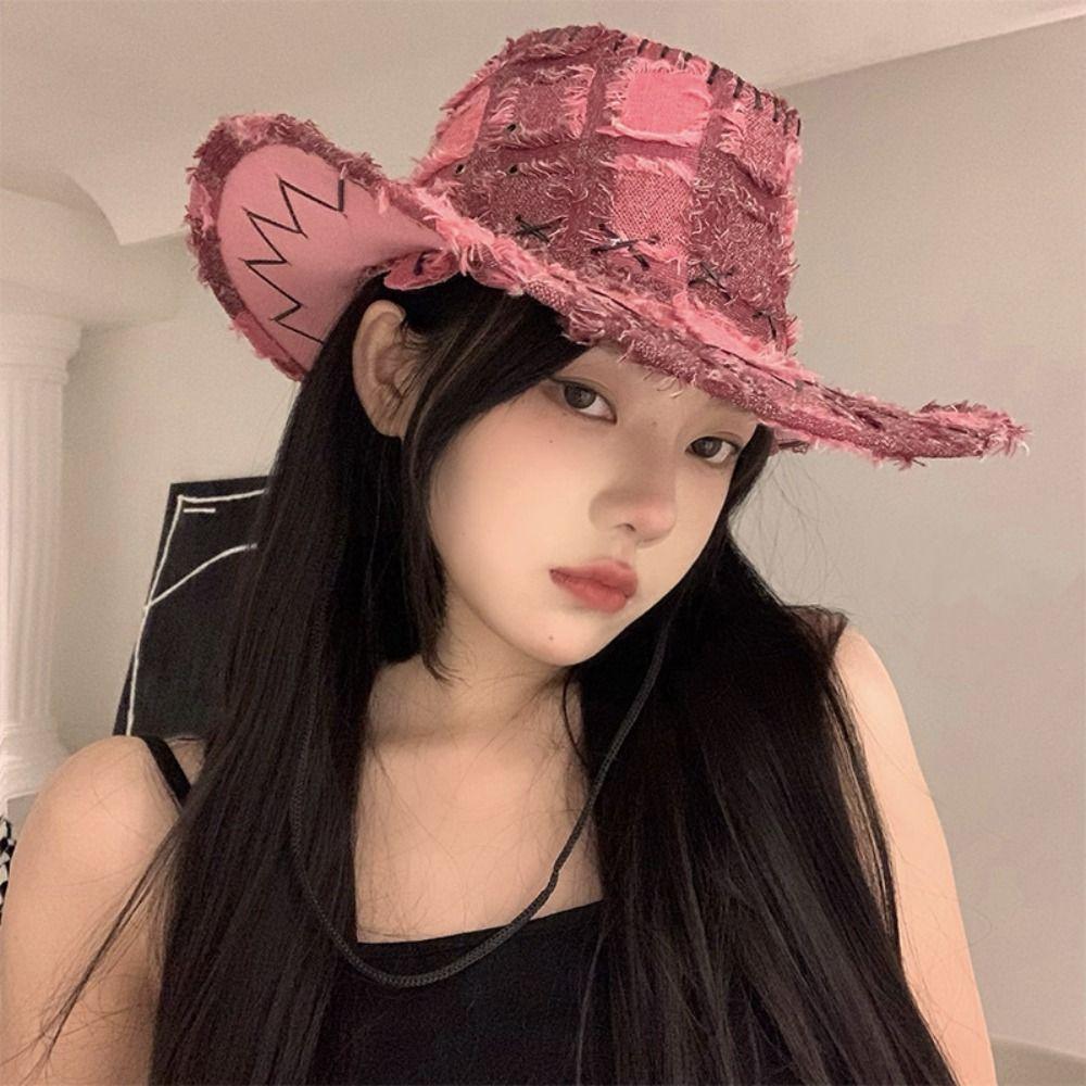 Adjustable Wide Brim Sun Hat Y2k Plaid Knight Hat Vintage Western Cowboy Hat for Male Female
