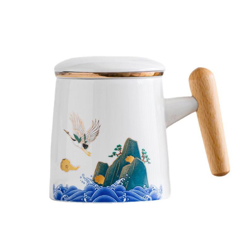Auspicious Cloud & Crane Ceramic Tea Infuser Mug
