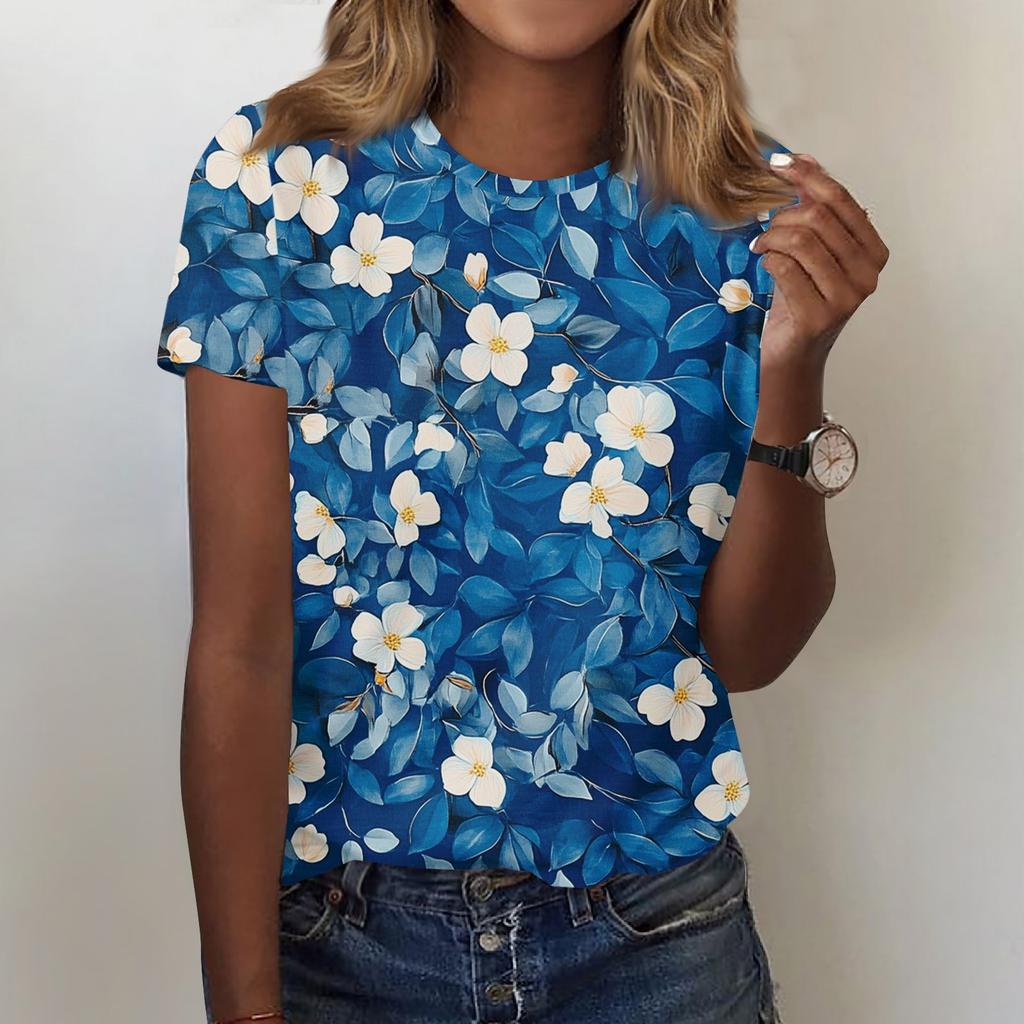 Women's Fashion Casual Printed Round Neck Short Sleeved T-Shirt Top T-Shirt Top Top