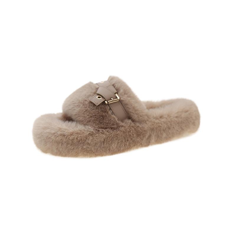 Fashion 2024 Autumn-winter Fluffy Slippers Women Wear Indoor Home Belt Buckle Thick Bottom Plush Cotton Drag Woman