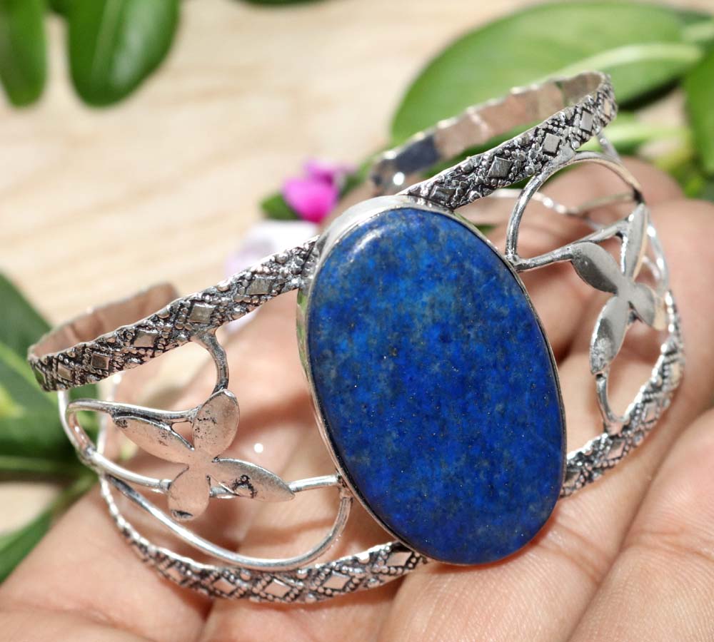 Huge Lapis Lazuli 925 Silver Plated Bangle 6.5" Festival Ready Jewelry Trendy K9h33