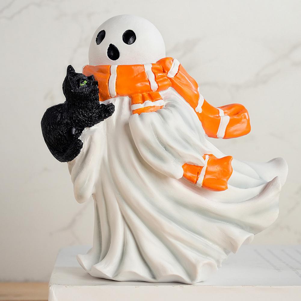 Halloween Ghost Ornament Cute Ghost Figurine Spooky Halloween Ghost Figurine Set with Black Cat Statue Resin for Mantel