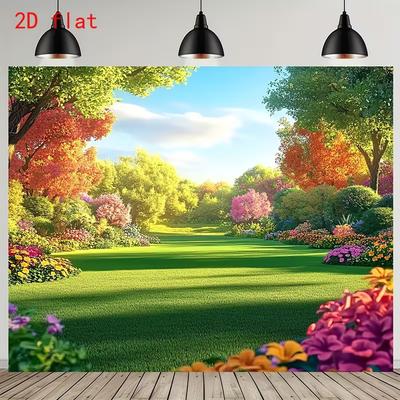 Яркий весенний 2D фон, Солнечный парк и разноцветные деревья Фотофон