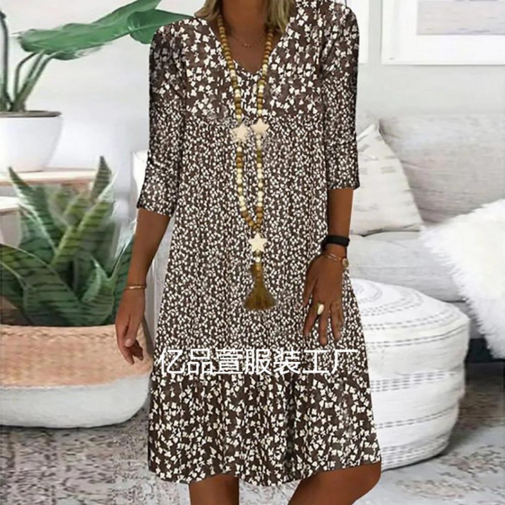 Women's Summer Midi Dress V Neck Half Sleeve Knee-Length Dresses Casual Floral Print Boho Dress