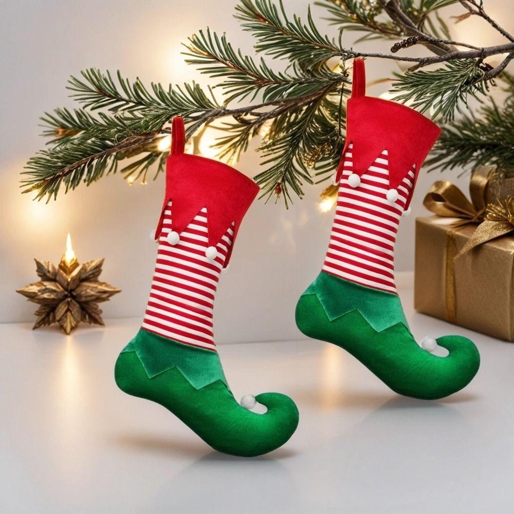 Hanging Elf Christmas Stocking Gift Bag Striped Christmas Stocking Ornaments Kids