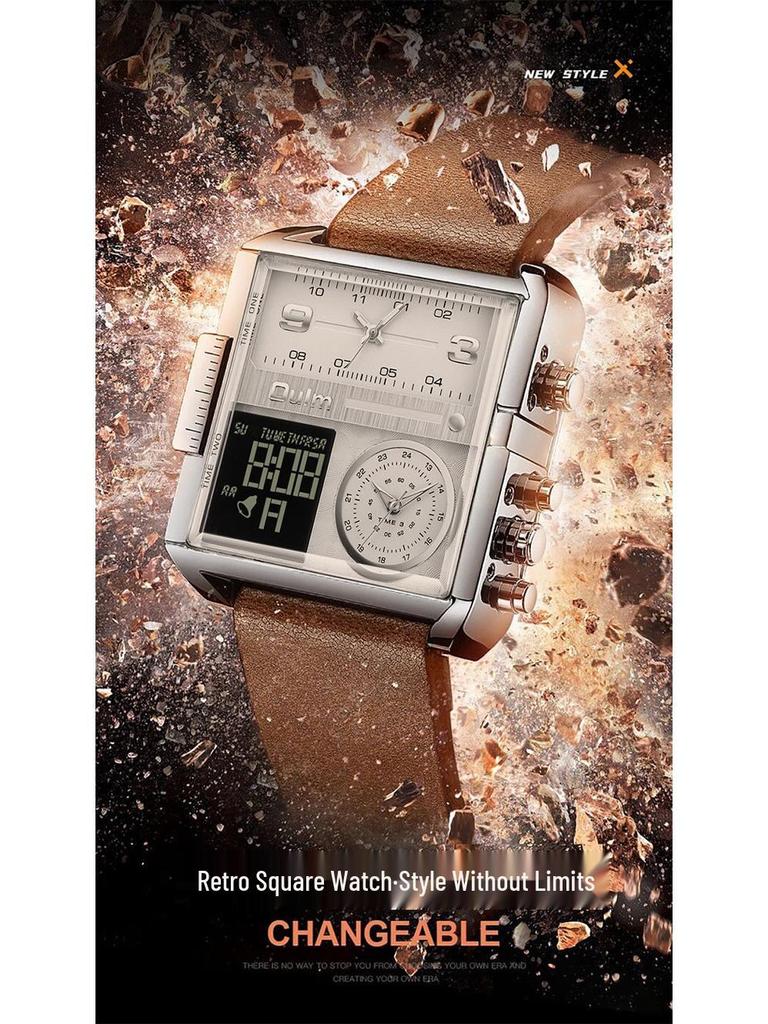 Мужские спортивные водонепроницаемые часы Oulm с квадратным циферблатом, многофункциональными особенностями и золотым кожаным ремешком