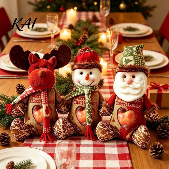 Decorative Tabletop Holiday Decor Christmas Burlap Gift Bags with Clear Window, Santa Snowman Hanging Tree Ornaments Reindeer Drawstring Pouch,
