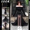 Black French one-word shoulder mesh long-sleeved dress women's autumn and winter small slim-fitting sexy temperament hip-wrap dress