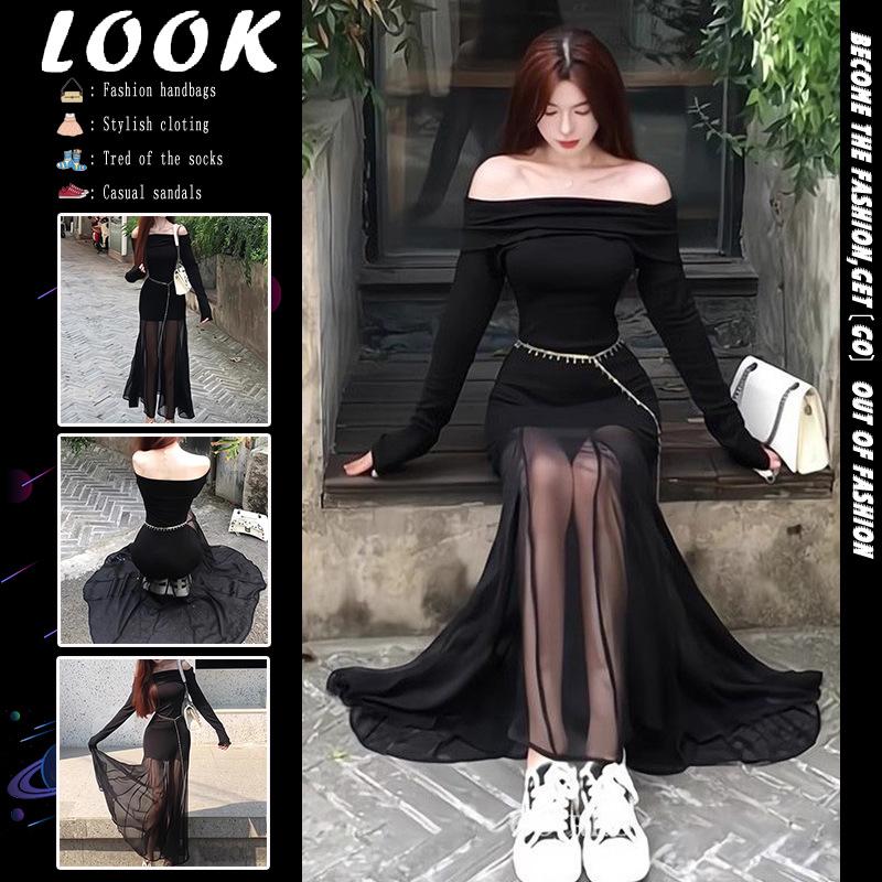 Black French one-word shoulder mesh long-sleeved dress women's autumn and winter small slim-fitting sexy temperament hip-wrap dress