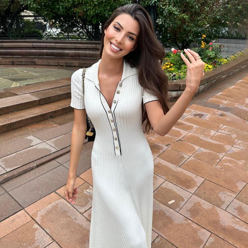 Вязаное платье макси для женщин, повседневное белое облегающее платье с отложным воротником и коротким рукавом, трикотажное платье в рубчик, женское уличное платье
