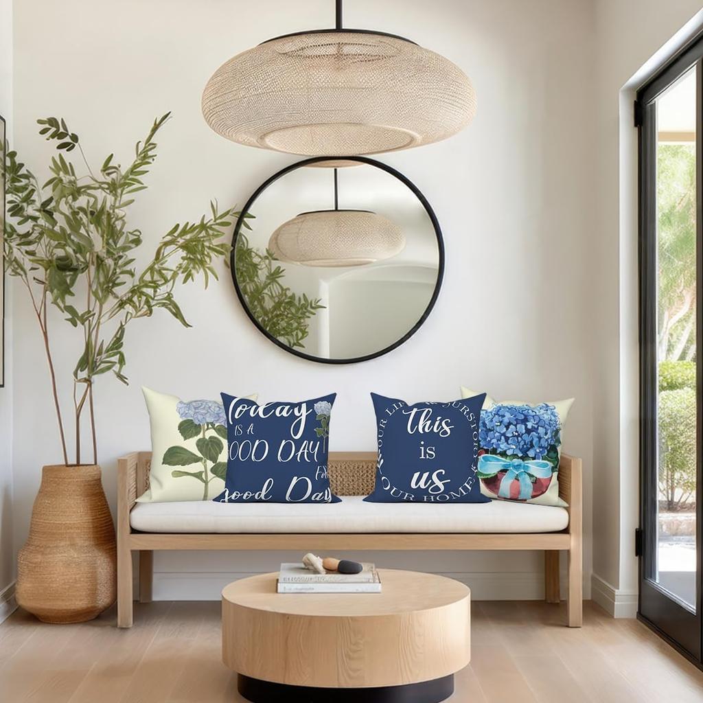 Синие цветы Наволочки для декоративных подушек 18"x18" Набор из 4 штук, Весенние наволочки для уличных подушек, Домашние декоративные наволочки с цветочным принтом для дивана, софы, спальни